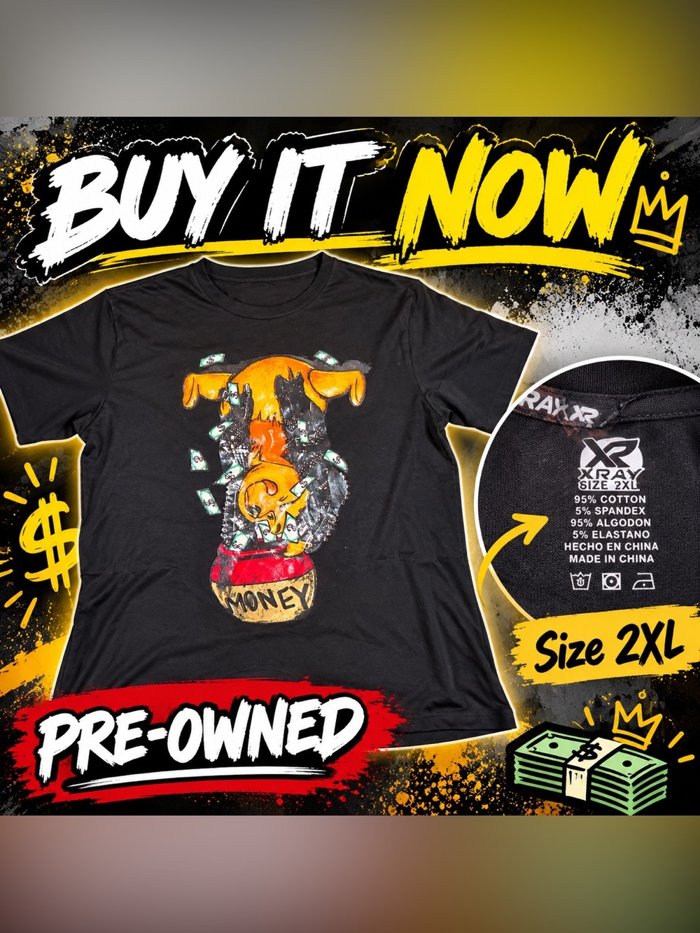 🔥 Xray Money Graphic T-Shirt Men’s 2XL Black Streetwear Pre-Owned